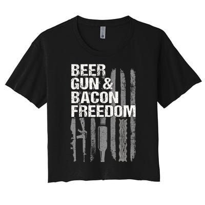 Beer Guns Bacon & Freedom Patriotic Veteran Flag Women's Crop Top Tee