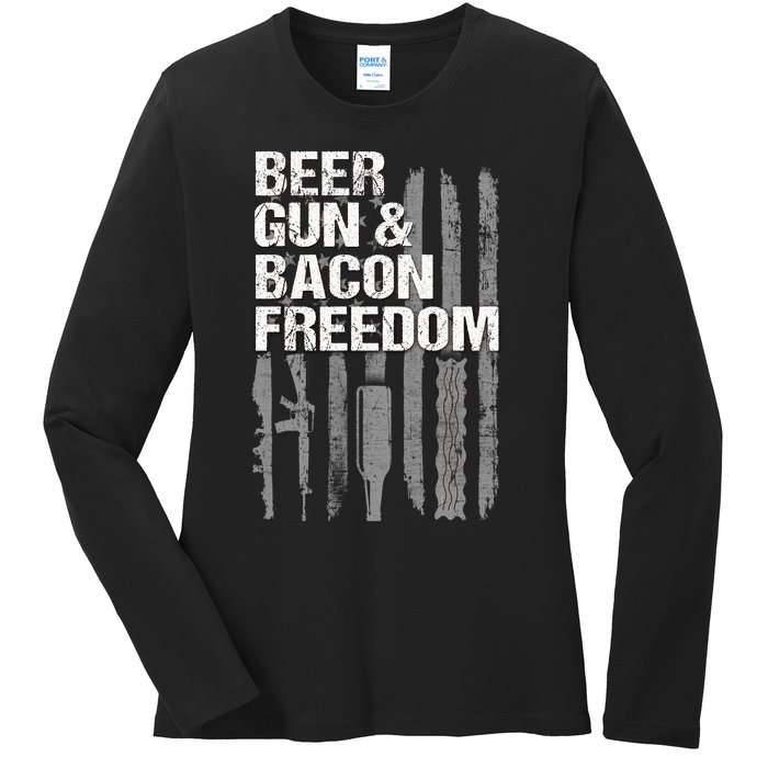 Beer Guns Bacon & Freedom Patriotic Veteran Flag Ladies Long Sleeve Shirt