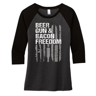 Beer Guns Bacon & Freedom Patriotic Veteran Flag Women's Tri-Blend 3/4-Sleeve Raglan Shirt