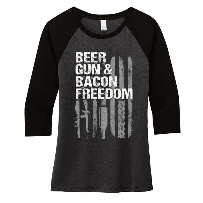 Beer Guns Bacon & Freedom Patriotic Veteran Flag Women's Tri-Blend 3/4-Sleeve Raglan Shirt