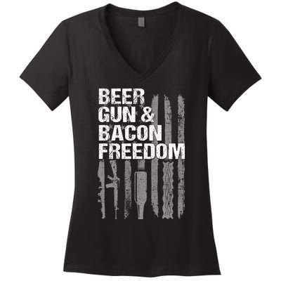 Beer Guns Bacon & Freedom Patriotic Veteran Flag Women's V-Neck T-Shirt