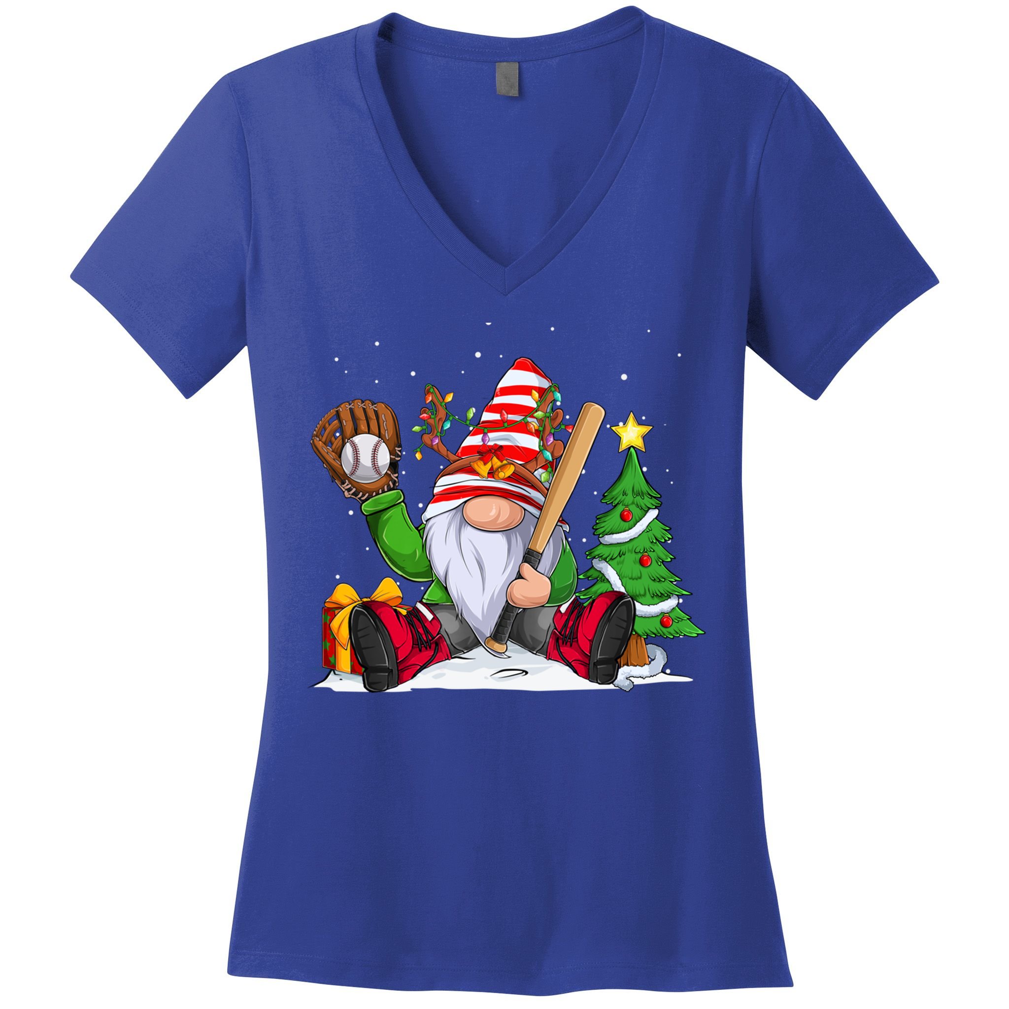Baseball Gnome Christmas Winter Season Catcher Pitcher Funny Gift Women's V-Neck T-Shirt