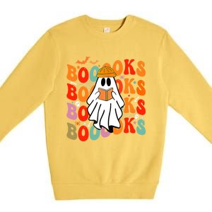 Booooks Groovy Cute Ghost Book Retro Reading Halloween Great Gift Premium Crewneck Sweatshirt