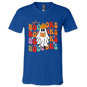 Booooks Groovy Cute Ghost Book Retro Reading Halloween Great Gift V-Neck T-Shirt