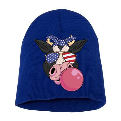 Bubble Gum Cow 4th Of July Design Usa Patriotic Cow Cute Gift Short Acrylic Beanie