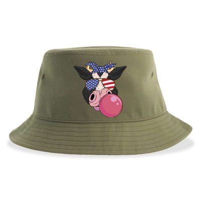 Bubble Gum Cow 4th Of July Design Usa Patriotic Cow Cute Gift Sustainable Bucket Hat