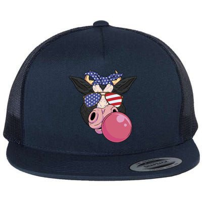 Bubble Gum Cow 4th Of July Design Usa Patriotic Cow Cute Gift Flat Bill Trucker Hat