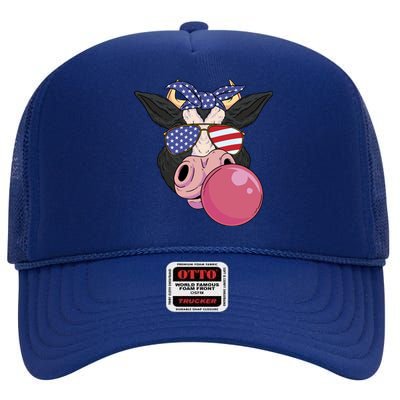 Bubble Gum Cow 4th Of July Design Usa Patriotic Cow Cute Gift High Crown Mesh Back Trucker Hat