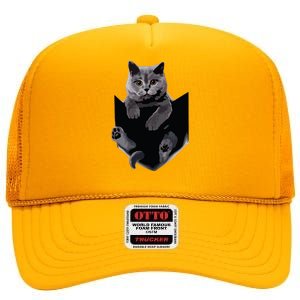 British Grey Cat In Pocket Cats Tee Gift High Crown Mesh Back Trucker Hat