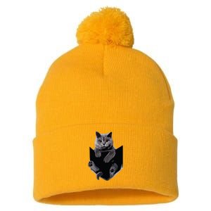 British Grey Cat In Pocket Cats Tee Gift Pom Pom 12in Knit Beanie