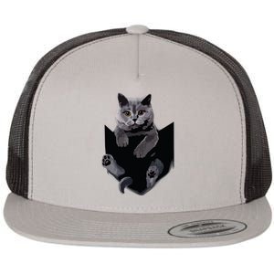 British Grey Cat In Pocket Cats Tee Gift Flat Bill Trucker Hat