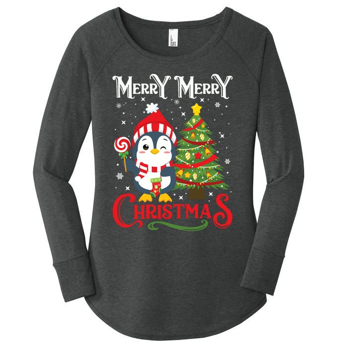 Boy Girl Christmas Pajamas Funny Penguin Women's Perfect Tri Tunic Long Sleeve Shirt