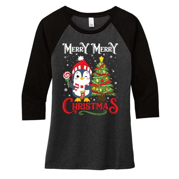 Boy Girl Christmas Pajamas Funny Penguin Women's Tri-Blend 3/4-Sleeve Raglan Shirt