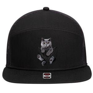 British Grey Cat In Pocket S Cats Gifts 7 Panel Mesh Trucker Snapback Hat