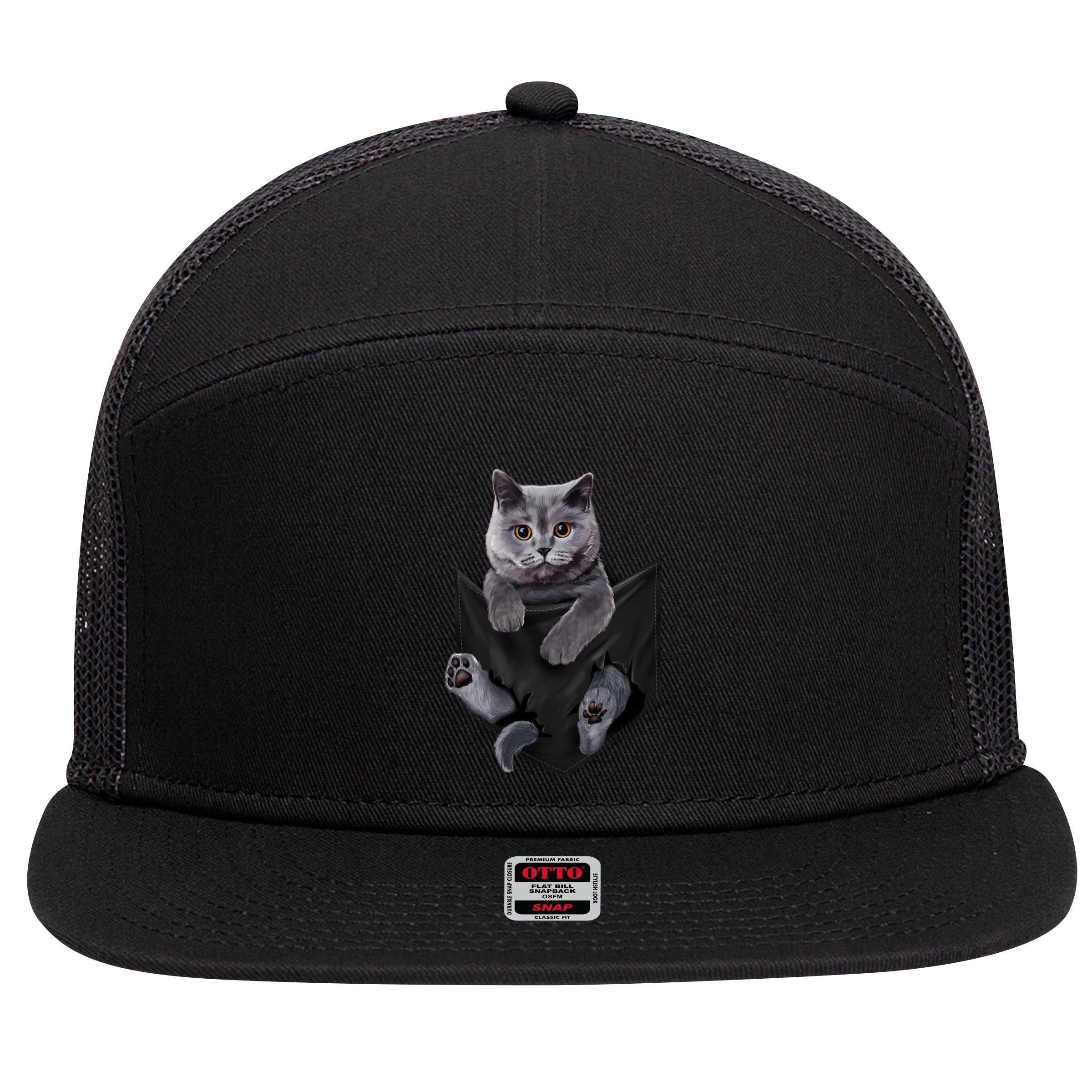 British Grey Cat In Pocket S Cats Gifts 7 Panel Mesh Trucker Snapback Hat