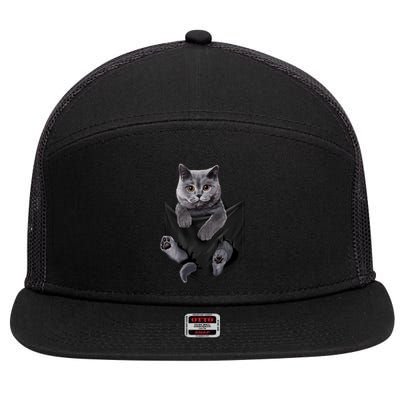 British Grey Cat In Pocket S Cats Gifts 7 Panel Mesh Trucker Snapback Hat