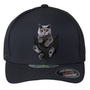 British Grey Cat In Pocket S Cats Gifts Flexfit Unipanel Trucker Cap