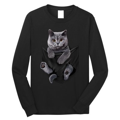 British Grey Cat In Pocket S Cats Gifts Long Sleeve Shirt