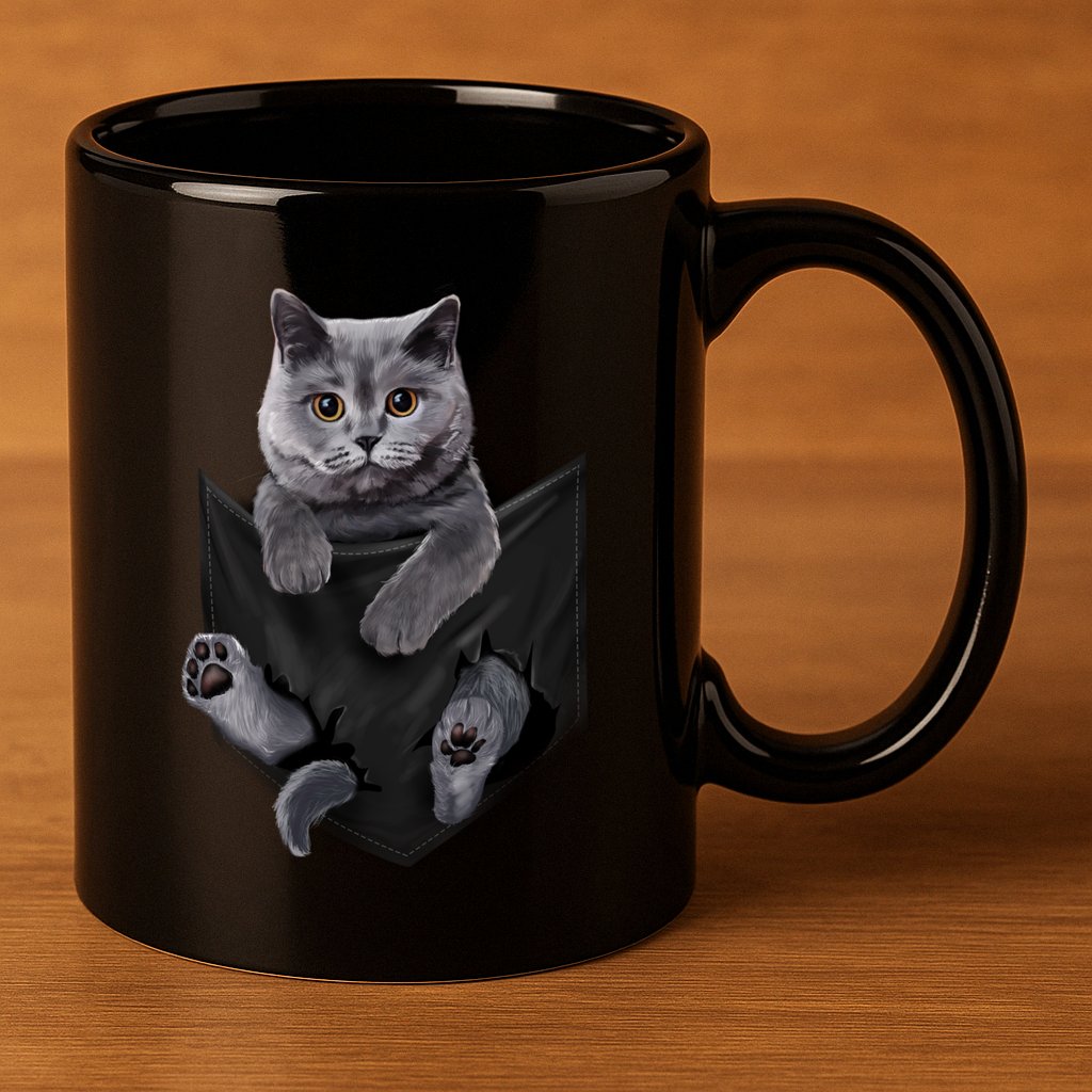 British Grey Cat In Pocket S Cats Gifts 11oz C Handle Ceramic Mug