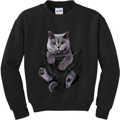 British Grey Cat In Pocket S Cats Gifts Kids Sweatshirt