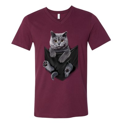 British Grey Cat In Pocket S Cats Gifts V-Neck T-Shirt