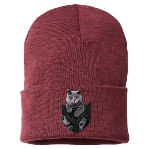 British Grey Cat In Pocket S Cats Gifts Sustainable Knit Beanie