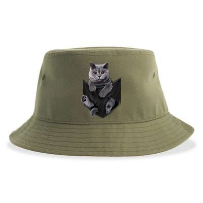 British Grey Cat In Pocket S Cats Gifts Sustainable Bucket Hat