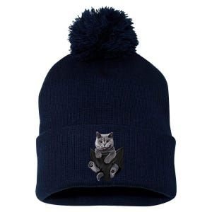 British Grey Cat In Pocket S Cats Gifts Pom Pom 12in Knit Beanie