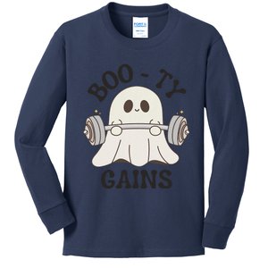 Booty Gains Cute Spooky Season Halloween Ghost Gym Kids Long Sleeve Shirt