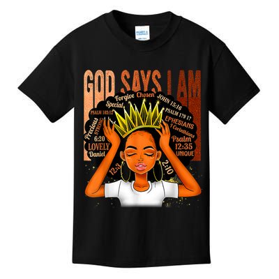Black Girl Crown God Says I Am Black Melanin History Month Kids T-Shirt