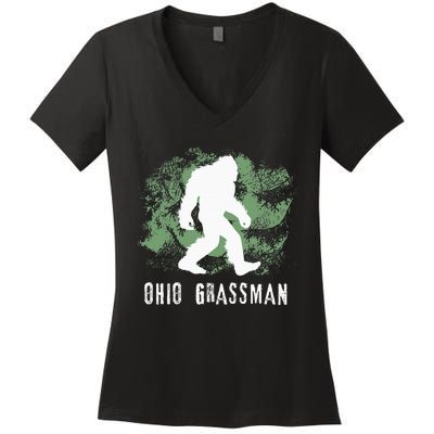 Bigfoot Grassman Cryptid Ohio Valley Park Sasquatch Women's V-Neck T-Shirt