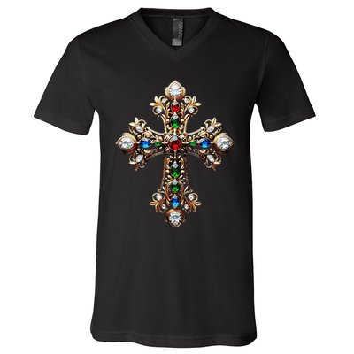 Baroque Gold Cross V-Neck T-Shirt