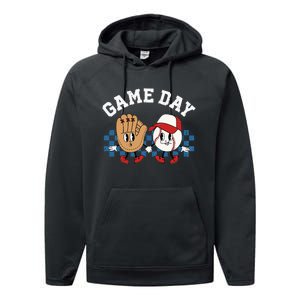 Baseball Game Day Retro Groovy Sport Fan Baseball Lover Performance Fleece Hoodie