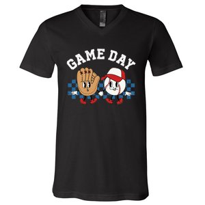 Baseball Game Day Retro Groovy Sport Fan Baseball Lover V-Neck T-Shirt