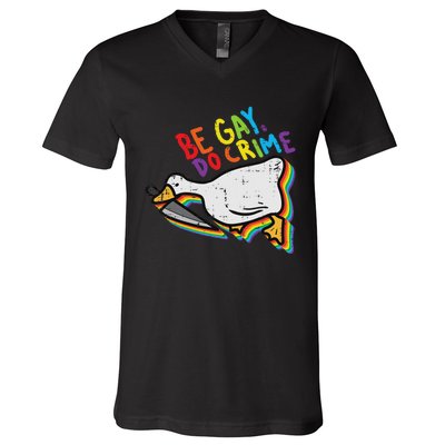 Be Gay Do Crime Goose Rainbow Pride Flag Lgbtq Women V-Neck T-Shirt