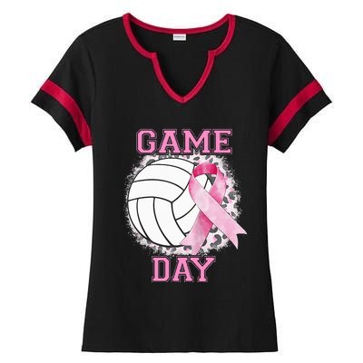 Bleached Game Day Pink Volleyball Breast Cancer Awareness Ladies Halftime Notch Neck Tee