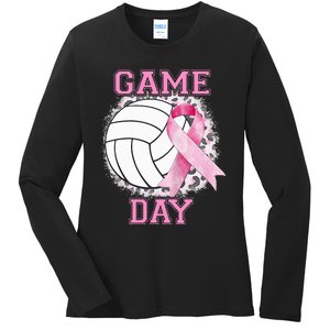 Bleached Game Day Pink Volleyball Breast Cancer Awareness Ladies Long Sleeve Shirt