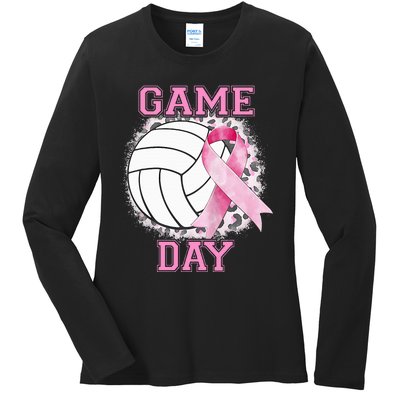 Bleached Game Day Pink Volleyball Breast Cancer Awareness Ladies Long Sleeve Shirt