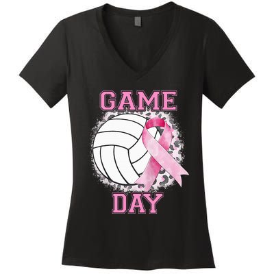 Bleached Game Day Pink Volleyball Breast Cancer Awareness Women's V-Neck T-Shirt