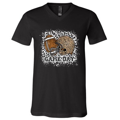 Bleached Game Day Leopard Football Helmet Sport Mom V-Neck T-Shirt