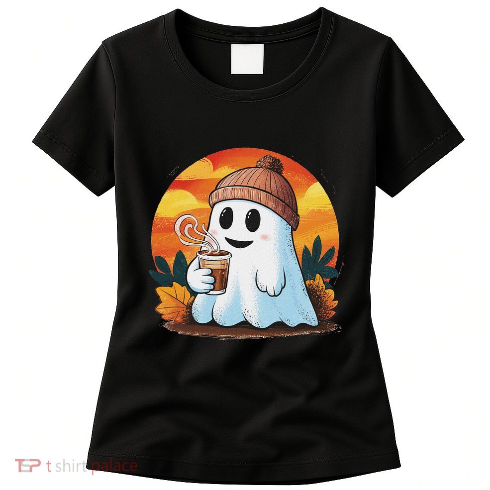 Boo Ghost Drinking Coffee Halloween Costumes Woman 2024 Womens T-Shirt