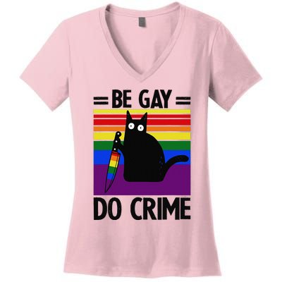 Be Gay Do Crime Cat LGBT Flag Women's V-Neck T-Shirt