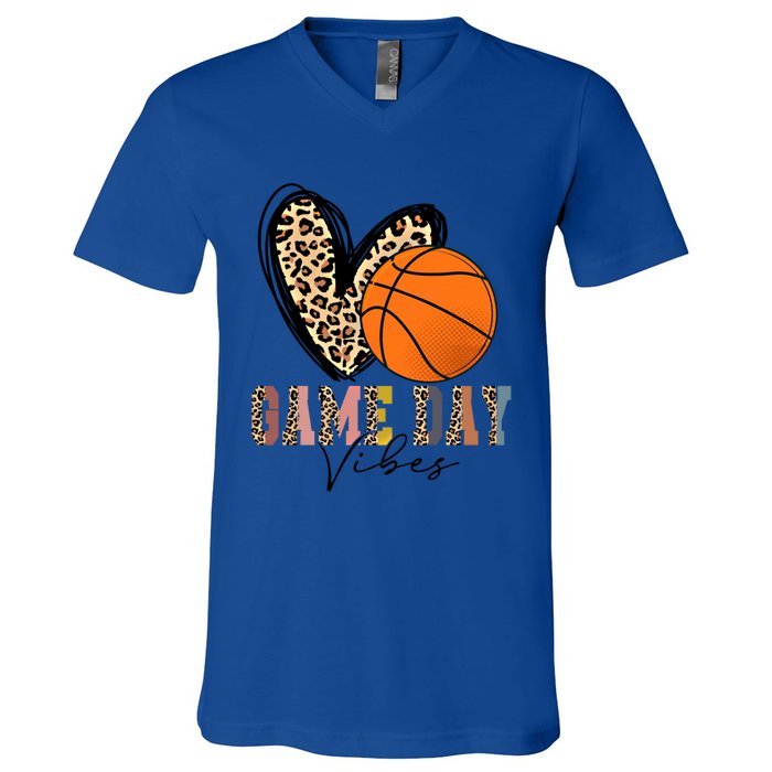 Basketball Game Day Vibes Leopart Gift Cool Gift V-Neck T-Shirt