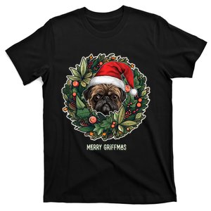 Brussels Griffon Dog in a Santa Hat & Wreath  Cute T-Shirt