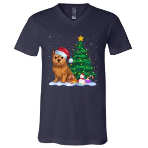 Brussels Griffon Dog Xmas Tree Lights Reindeer Hat Christmas V-Neck T-Shirt