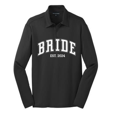 Bride Groom Est. 2024 Retro Just Married Couples Wedding Silk Touch Performance Long Sleeve Polo