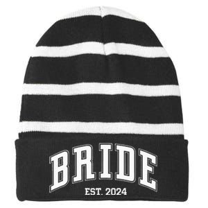 Bride Groom Est. 2024 Retro Just Married Couples Wedding Striped Beanie with Solid Band