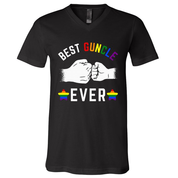 Best Guncle Ever Rainbow Colors Fistbump Pride G.A.Y Uncle V-Neck T-Shirt