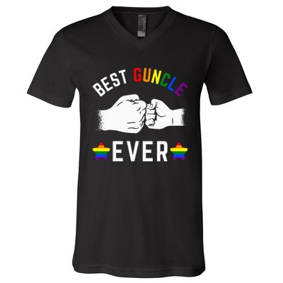 Best Guncle Ever Rainbow Colors Fistbump Pride Gay Uncle V-Neck T-Shirt