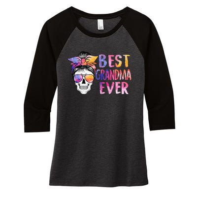 Best Grandma Ever Skull Messy Bun Sunglasses Mother's Day Women's Tri-Blend 3/4-Sleeve Raglan Shirt